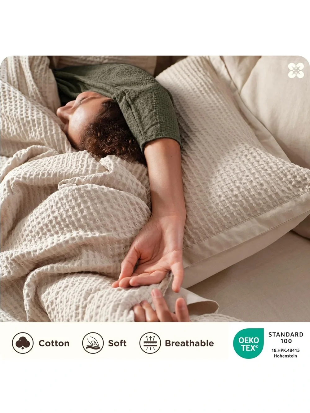 NEW Bedsure PureWoven 3 Pieces 100% Cotton Waffle Duvet Cover Set, King, Beige